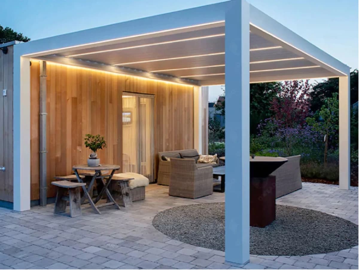 Outdoor living space with a modern pergola and seating area